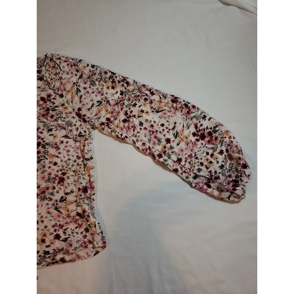 Andrée By Unit Red Olive & Mustard Floral Long Sleeve Blouse Tie Neck Size S - Picture 8 of 12